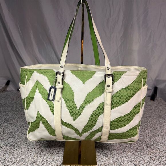 Vintage Coach Limited Edition Zebra Stripe Green & White Tote Bag - Picture 1 of 12